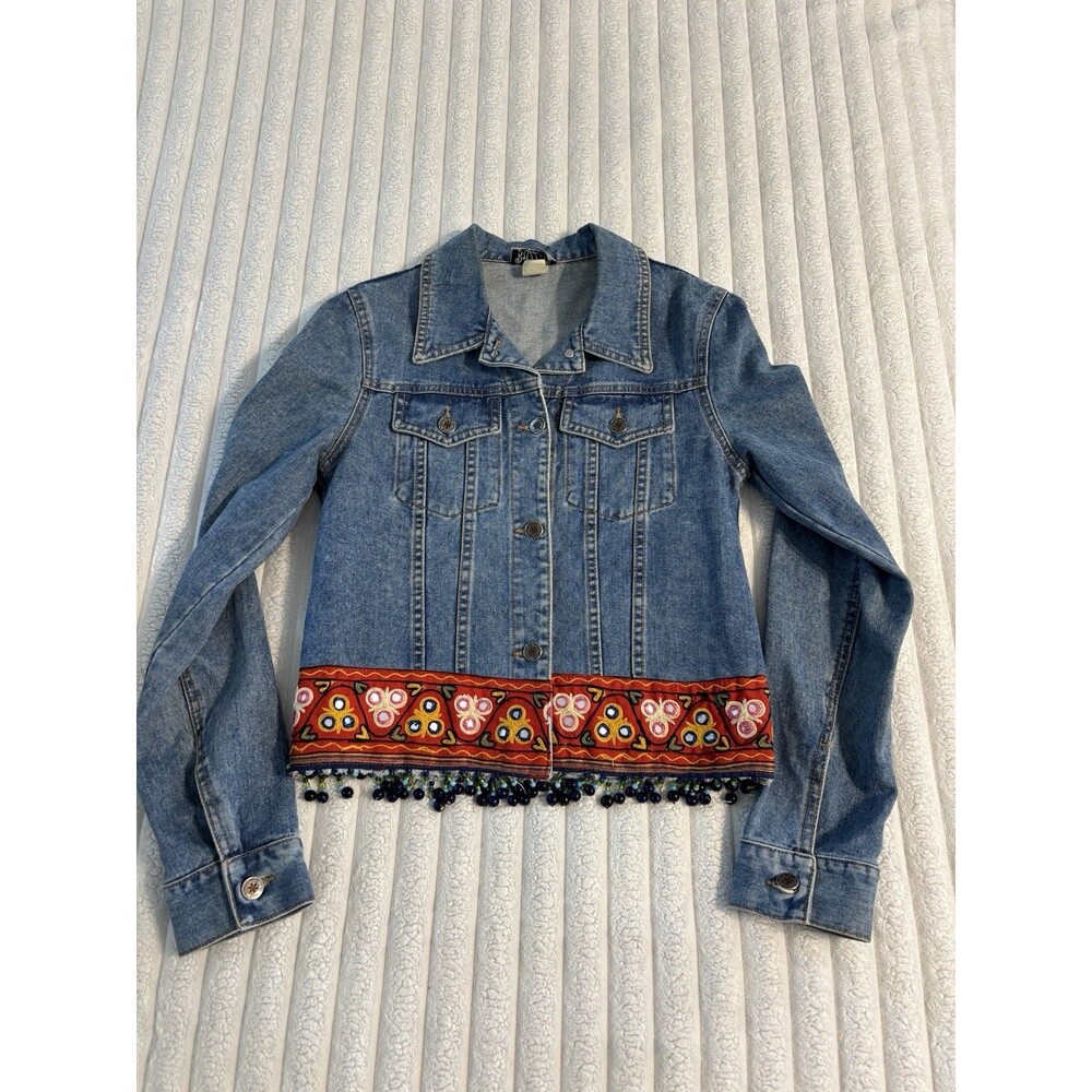 Vintage 90s Embroidered Beaded Jacket Women’s Small Lightwash Hippie Boho Unique